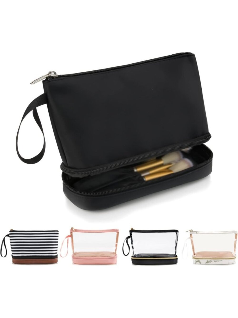 Compact 2-Layer Travel Makeup Bag with Brush Holder - Perfect Cosmetic Organizer